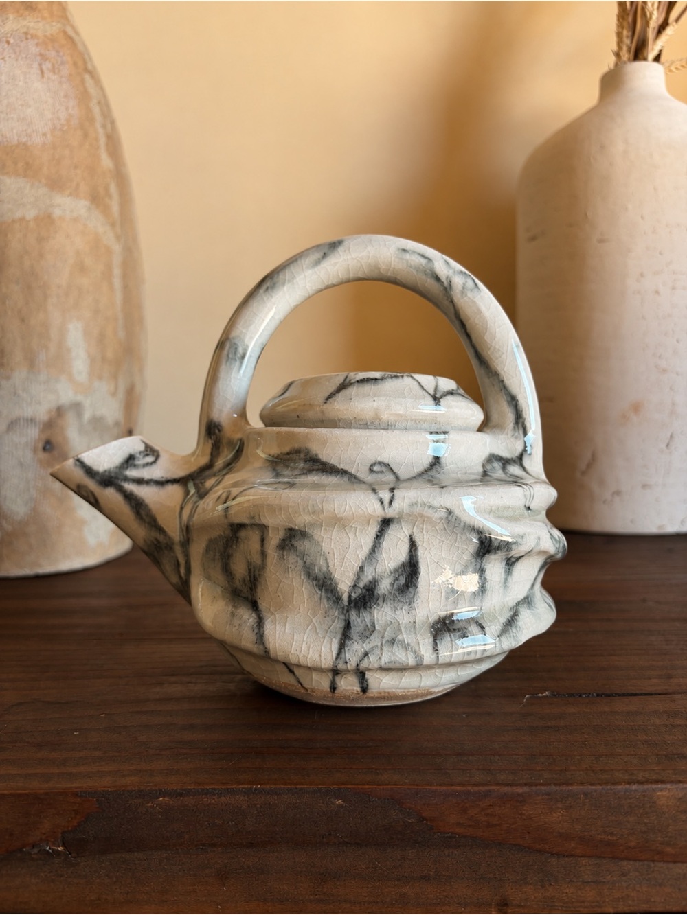Vintage Studio Pottery Teapot Crackle Glaze Hand Painted Floral 1970s